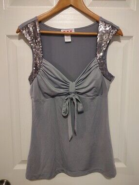 Three Hearts Light Gray Sequin-Shoulder Tie-Front Camisole